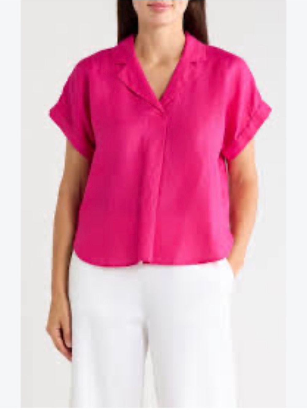 Eileen Fisher Short-Sleeve Camp Linen Collar Top - Hot Pink Large